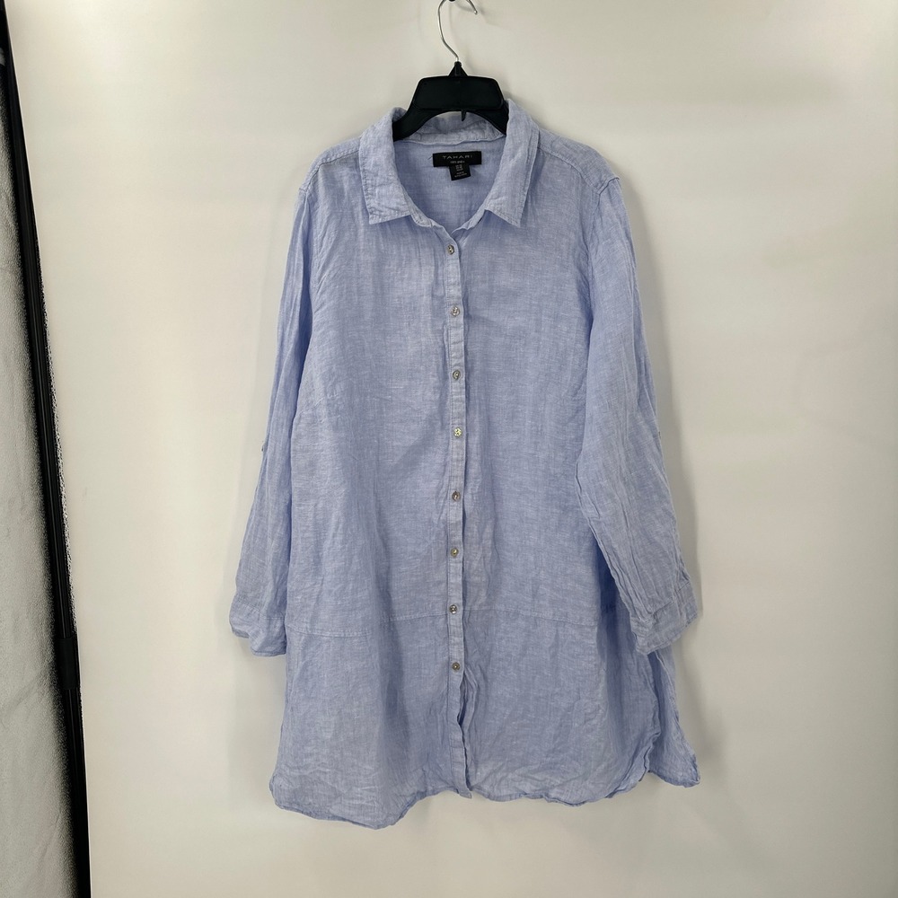 Tahari Linen Tunic Shirt Womens 1X Blue Long Sleeve Coastal‎ Euro Boho *
